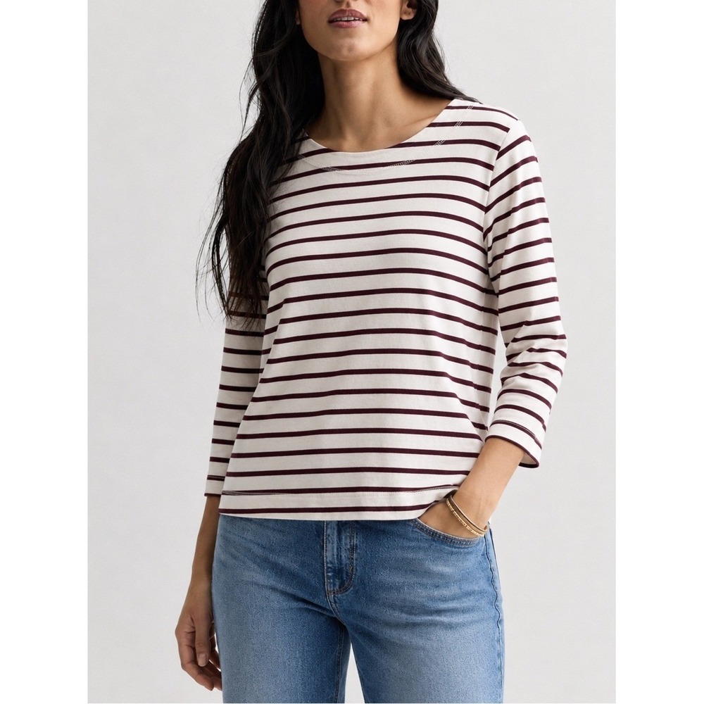 Orvis Maroon/Cream Quarter Sleeve Striped Boatneck Shirt